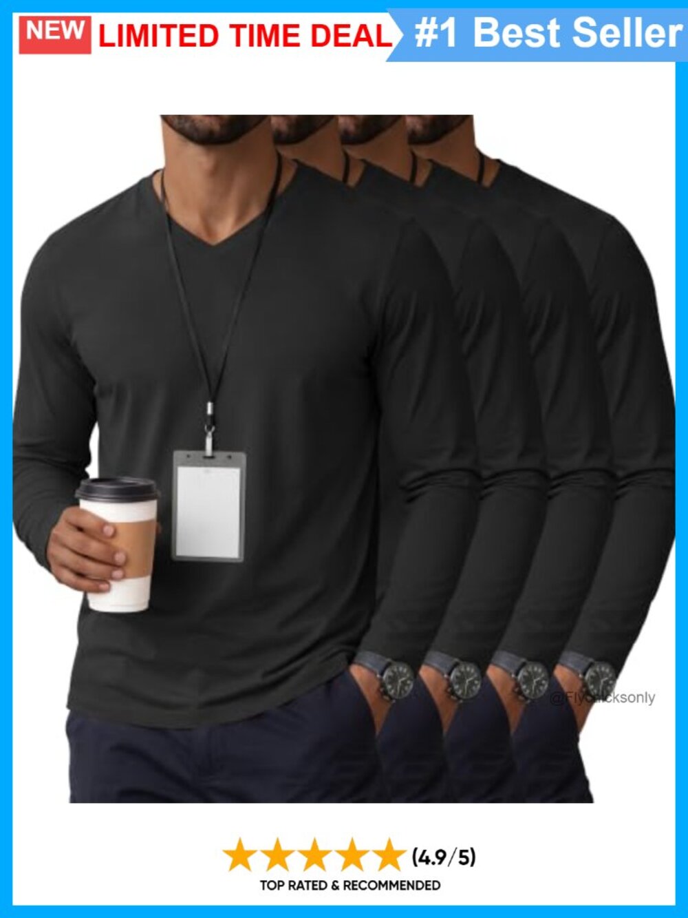Men's Long Sleeve V-Neck Underscrub T-Shirts 4 Pack Stretch Medical Workwear